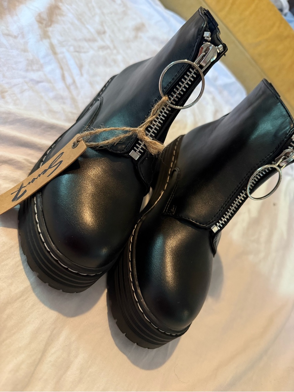Seven7 Black Ring-Zip Platform Combat Boots